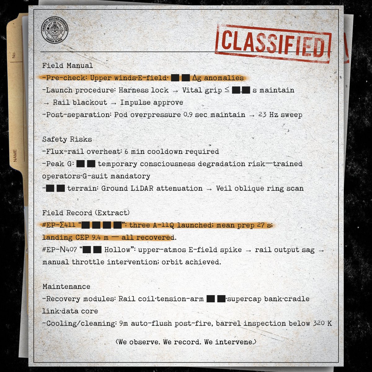 CLEARANCE: ▇ ▇ ▇ UMBRA-1 
E-12 “SKYRAM” <Orbital Extraction Port>

Spec Card Recovered, Excerpts Released

#lastnova #extractiongame #classifiedinformation  #topsecret  #scifi  #steam #GameDev #action #game #Extractionaction #steam #epicgames #pcgamer #Survival #followfriday