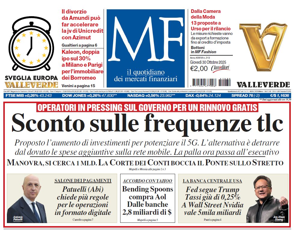 classcnbc's tweet photo. La rassegna stampa di Caffè Affari - 30 ottobre

#Trump incontra #Xi: dazi sul #entanyl dimezzati, accordo di 1 anno sulle terre rare; Trump ordina al Pentagono test sulle armi nucleari; La #Fed taglia ancora; #Nvidia da 5mila miliardi; Auto, allarme dell’industria: pochi chip, fabbriche a rischio; Bpm, per il rinnovo cda spunta la lista Agricole; #Ponte sullo #Stretto bocciato, #Meloni: invasione dei giudici

Con @Simofausti: https://t.co/S2P90rPjhH