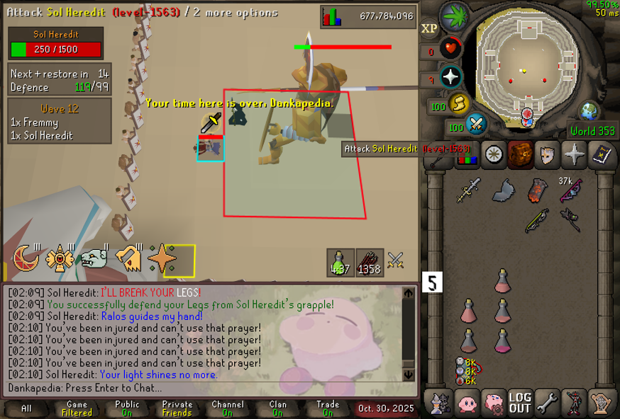 3rd main game sol and i got him down so low and died to the 3 melee prayer attacks cause i messed it up :( soooooo closeeeeee! 4th times a charm right? or something like that