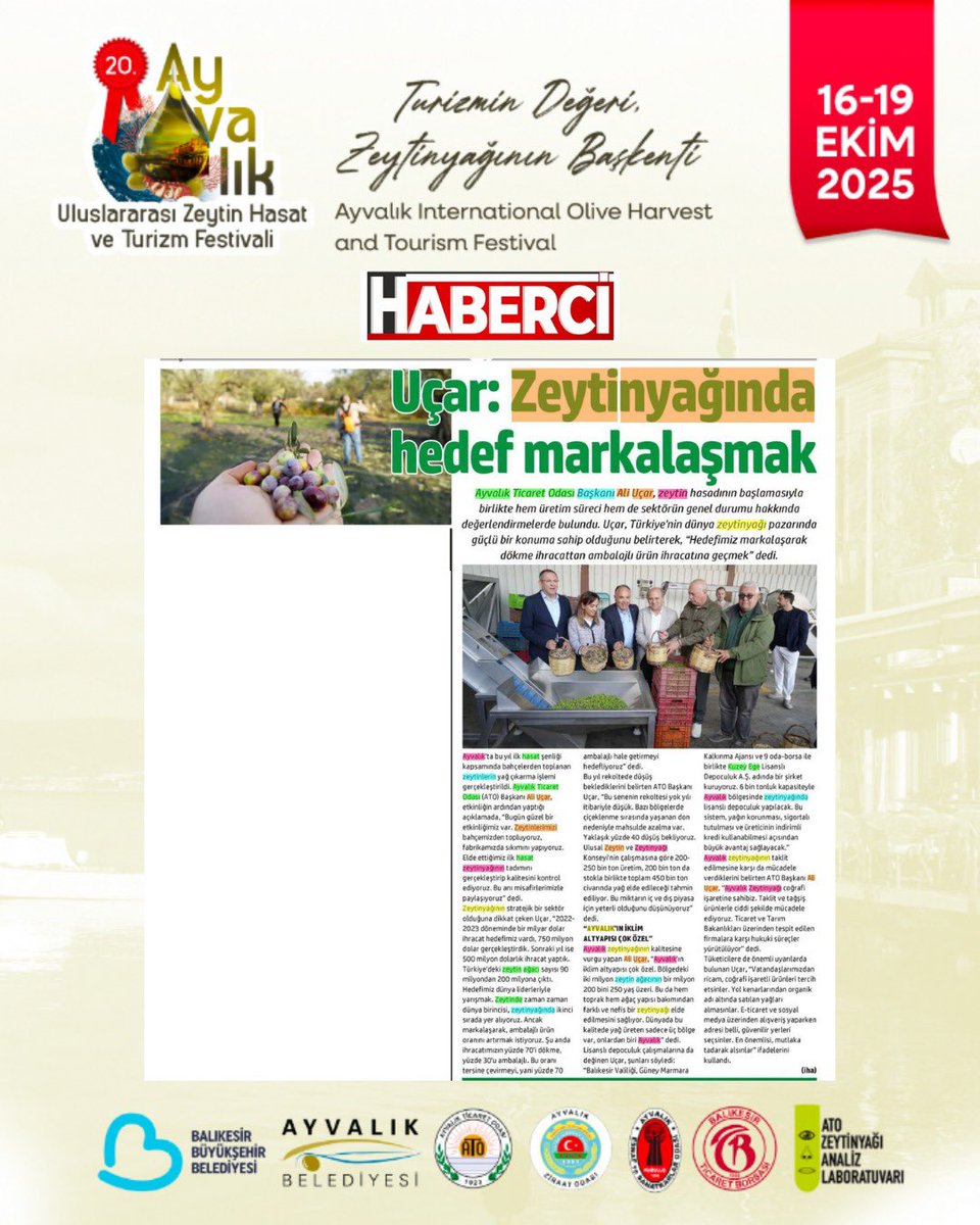 AyvalikHasat's tweet photo. Ayvalık Ticaret Odası Başkanı Ali Uçar’ın 16-19 Ekim tarihleri arasında gerçekleşen 20. Ayvalık Uluslararası Zeytin Hasat ve Turizm Festivali’nde verdiği zeytinyağı hakkındaki görüşleri, Balıkesir Haberci gazetesinde yer aldı.

#AyvalıkTicaretOdası #Ayvalık #ZeytinyağınınBaşkenti https://t.co/0bYKTkvKp4