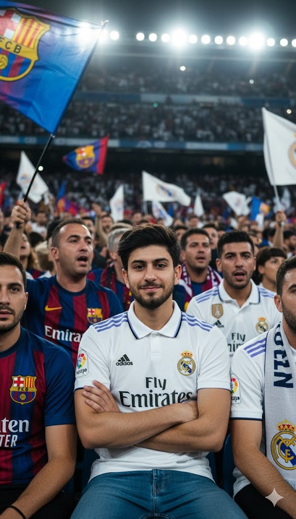 itxabdullaa's tweet image. I went to watch El Clásico.🎉
Which Team do u support Barcelona or Real Madrid?
Gemini Nano Banana:
Prompt: A young man (same face as reference) sitting near the field level, surrounded by rival fans — half wearing Barcelona colors, half in white for Real Madrid. He’s proudly…