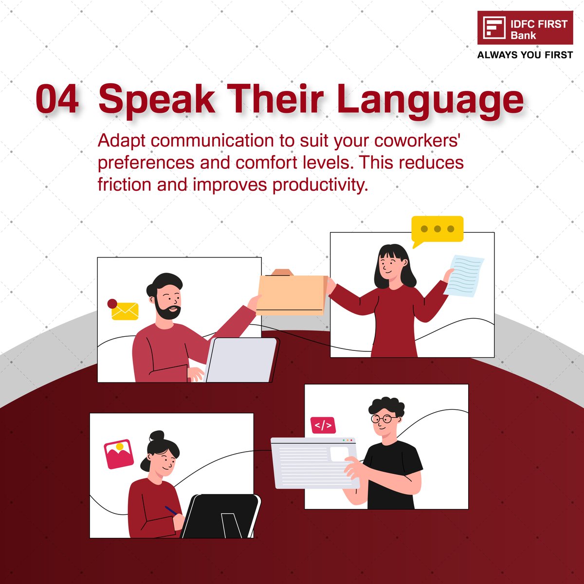 IDFCFIRSTBank's tweet photo. #WorkplaceCulture #GenerationalDiversity #InclusiveWorkplace #TipsandNudges #AlwaysYouFirst #IDFCFIRSTBank https://t.co/QOOmEUkY0v