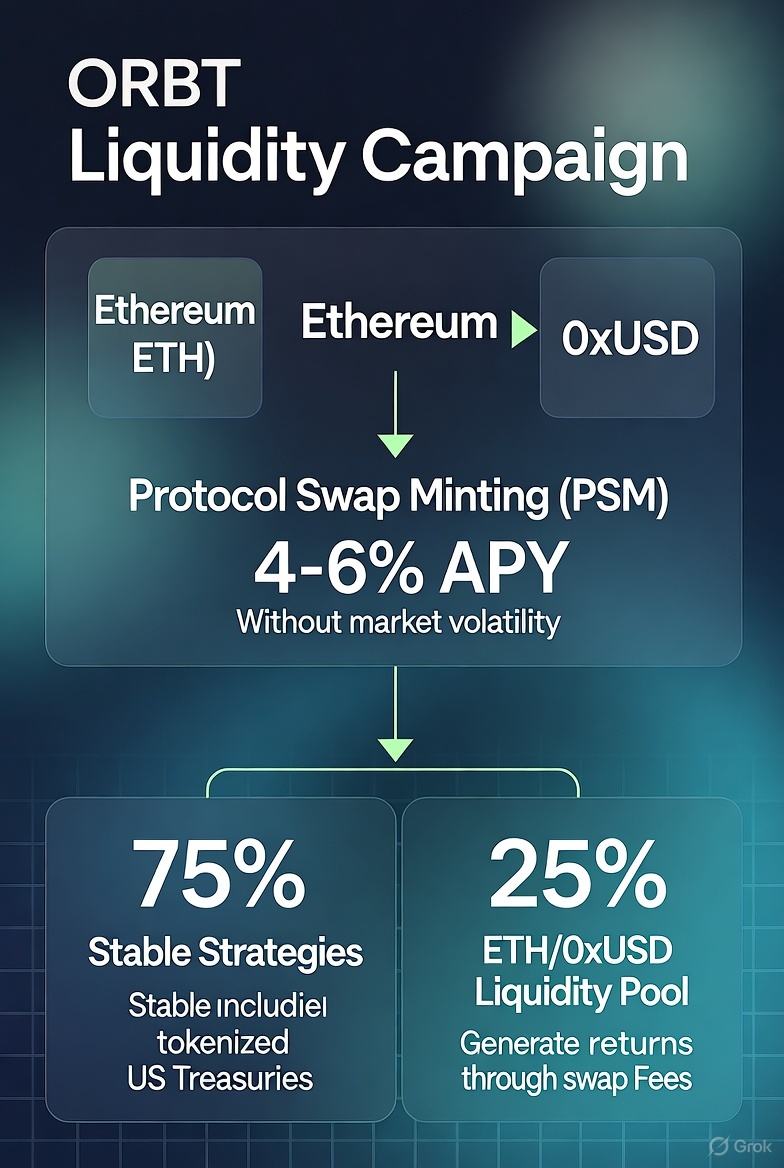 $ORBT Protocol: ETH Strategy (Beta Phase)
Stable Yield Without Market Volatility

Swap ETH → 0xUSD via PSM and earn 4–6% APY safely:

75% goes to Stable Strategies (tokenized US Treasuries),

25% in ETH/0xUSD liquidity pool (0.3% swap fees)

<a href="/ORBT_Protocol/">ORBT</a>