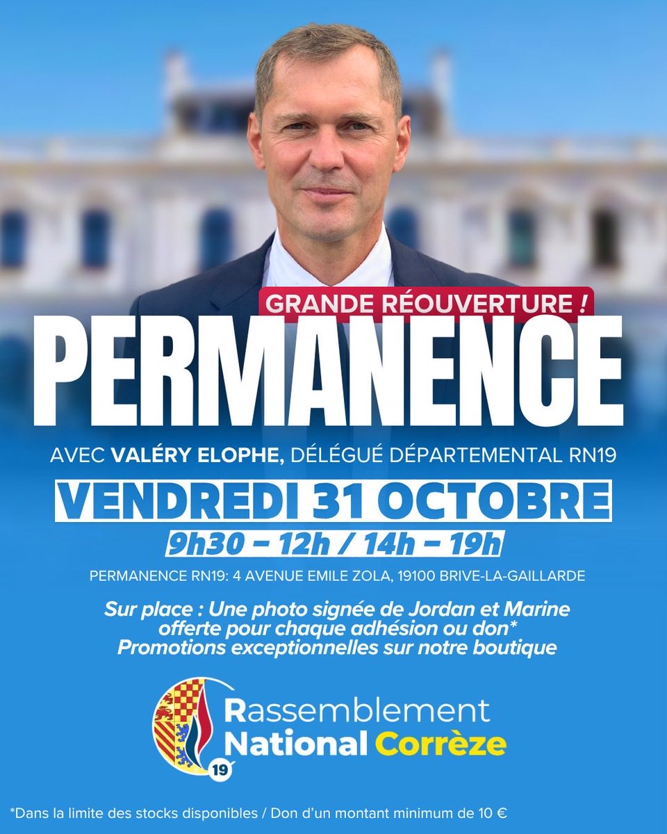 Après plusieurs semaines de travaux, grande réouverture de la permanence <a href="/RN_Correze/">Rassemblement National De La Corrèze</a> à Brive !

Je vous attends vendredi 31 octobre de 9h30 à 12h et de 14h à 19h, au 4 avenue Émile Zola.

Venez échanger autour de nos combats locaux et nationaux.