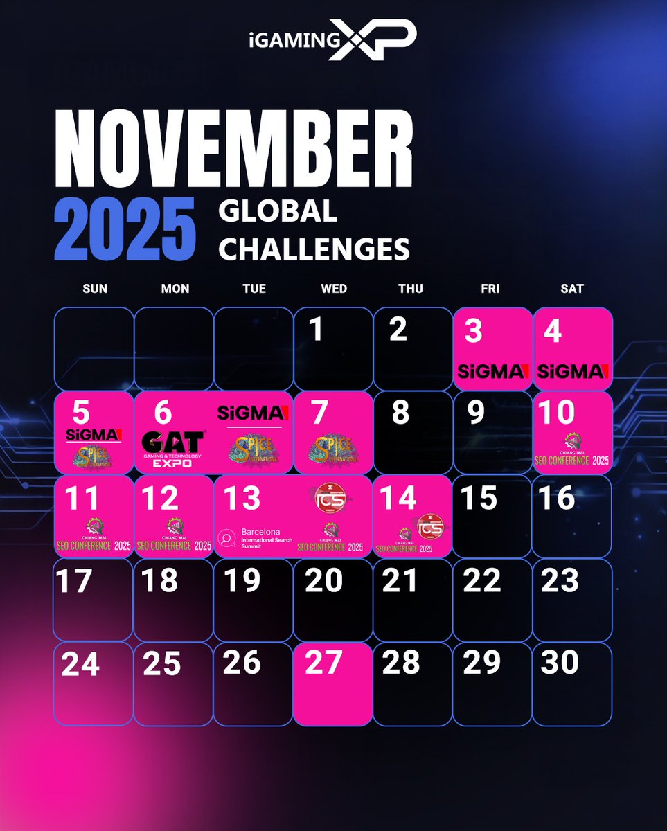 igaming_xp's tweet photo. November 2025 is packed with power events for marketers &amp; SEO pros!
This month is all about learning, networking &amp; growth. 📈
Which event are you most excited for? 👇
.
 #MarketingEvents  #SEOEvents  #DigitalMarketing2025  #SearchMarketing  #iGamingXP  #ConferenceSeason https://t.co/EI2NA490Pz