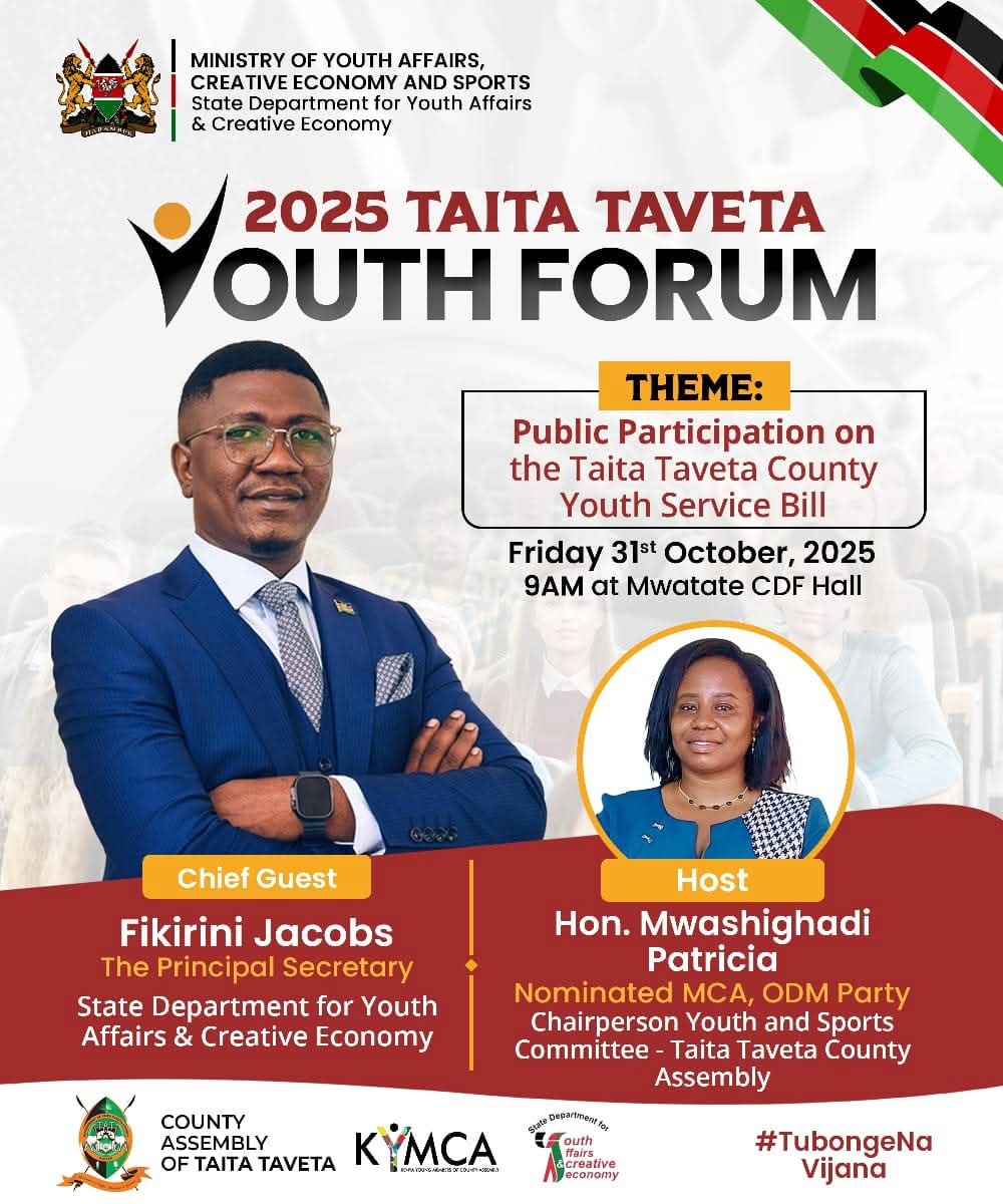 ttcassembly's tweet photo. The County Assembly of Taita Taveta will on Friday, 31st October, 2025, undertake public participation on the Taita Taveta County Youth Service Bill, at the Mwatate CDF Hall.

The event,  will be graced by  PS  Jacobs Fikirini. https://t.co/RUiYDxodZC