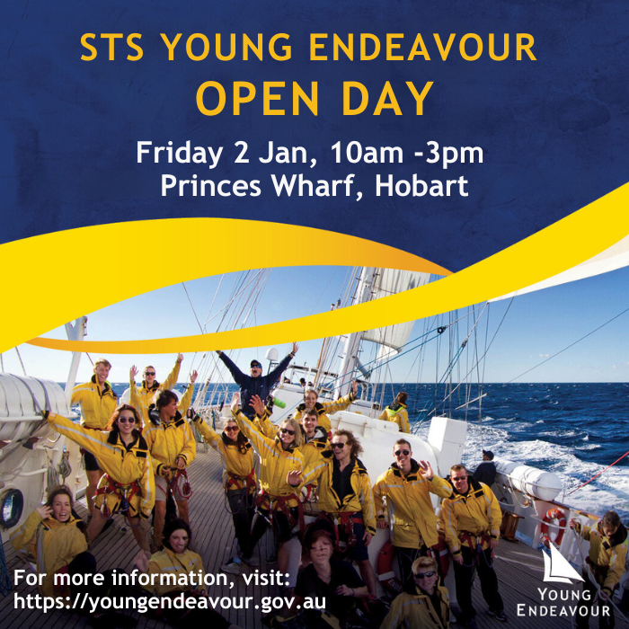 Come step aboard STS Young Endeavour!
🗓 Date: Friday 2 January, 2026
🕚 Time: 10am – 3pm
📍 Location: Princes Wharf, Hobart
Free entry – all welcome!