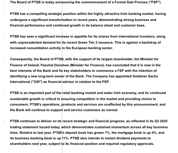 JP_Biz's tweet image. Ireland’s third largest bank, PTSB, has put itself up for sale. The bank is still majority owned by the Irish state. It’s much smaller than Bank of Ireland &amp;amp; AIB but will give any buyer exposure to a buoyant Irish economy.