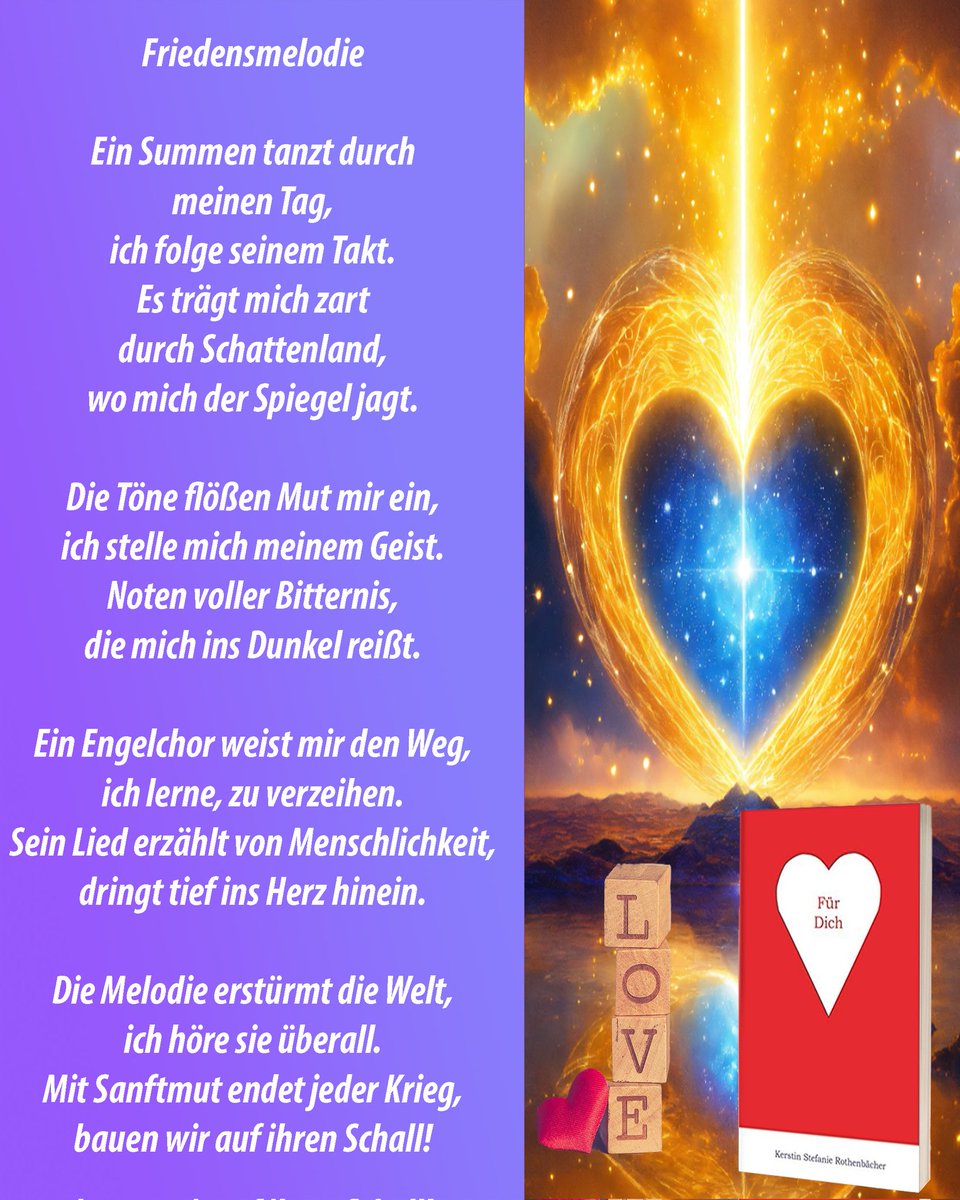 Kerstindreaming's tweet image. Hallo Ihr Lieben,
ob mein Rezept für alle funktioniert? 💪
Wie sehr wünsche ich es mir und sende die Melodie 🎶 in die Welt, die von Frieden singt! 🕊️
Wenn sie nur ein Herz 💖 erreicht, haben wir schon gewonnen! ✨
#frieden #verzeihen #selbstwert   #deutschepoesie  #poesie