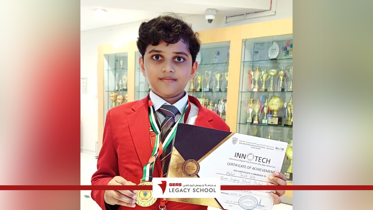 Our young innovator, Habel Jacob Gijo (Grade 5Q), made us proud by winning First Prize (Gold Medal) at Innotech, hosted by Our Own English High School, Sharjah!
#GEMSLegacySchool #GEMSEducation #KHDA #StudentSuccess #Innotech2025 #FutureInnovator