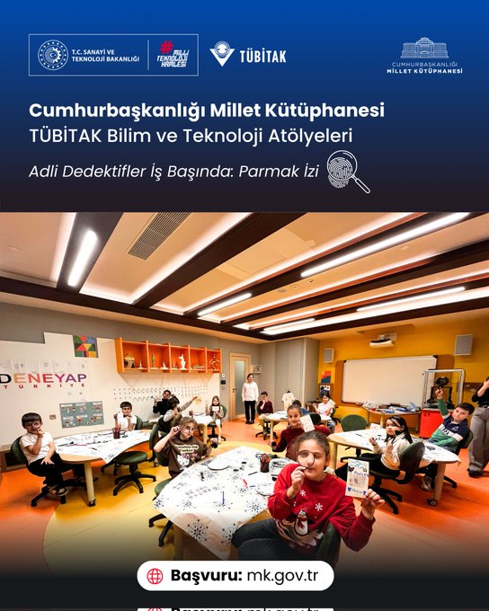 Multiple images show a brightly lit classroom with yellow and orange walls and modern lab tables where children aged around 8-12 engage in a forensic science activity. In the first image, a group of boys and girls in casual clothes sit around tables covered with white cloths, examining materials with tools and books, with shelves and educational posters in the background including a DENEYAP logo. The second image features close-ups of children using magnifying glasses to inspect fingerprint impressions on paper and plates, one boy in a red shirt holding a brush over a dish. The third image captures boys in blue shirts drawing or writing on white papers with brushes, seated at tables with scientific equipment. The fourth image depicts girls in colorful outfits holding papers with printed fingerprints and examining them closely near orange shelves and lab setups. All images include overlaid text in Turkish about the TÜBİTAK workshop on fingerprints for young detectives at the Cumhurbaşkanlığı Millet Kütüphanesi, with logos from various institutions and a Basguru.mk.gov.tr watermark at the bottom.