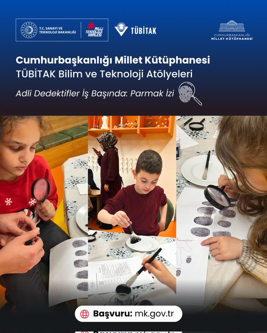 Multiple images show a brightly lit classroom with yellow and orange walls and modern lab tables where children aged around 8-12 engage in a forensic science activity. In the first image, a group of boys and girls in casual clothes sit around tables covered with white cloths, examining materials with tools and books, with shelves and educational posters in the background including a DENEYAP logo. The second image features close-ups of children using magnifying glasses to inspect fingerprint impressions on paper and plates, one boy in a red shirt holding a brush over a dish. The third image captures boys in blue shirts drawing or writing on white papers with brushes, seated at tables with scientific equipment. The fourth image depicts girls in colorful outfits holding papers with printed fingerprints and examining them closely near orange shelves and lab setups. All images include overlaid text in Turkish about the TÜBİTAK workshop on fingerprints for young detectives at the Cumhurbaşkanlığı Millet Kütüphanesi, with logos from various institutions and a Basguru.mk.gov.tr watermark at the bottom.