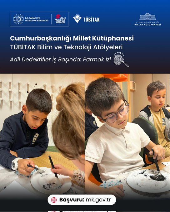 Multiple images show a brightly lit classroom with yellow and orange walls and modern lab tables where children aged around 8-12 engage in a forensic science activity. In the first image, a group of boys and girls in casual clothes sit around tables covered with white cloths, examining materials with tools and books, with shelves and educational posters in the background including a DENEYAP logo. The second image features close-ups of children using magnifying glasses to inspect fingerprint impressions on paper and plates, one boy in a red shirt holding a brush over a dish. The third image captures boys in blue shirts drawing or writing on white papers with brushes, seated at tables with scientific equipment. The fourth image depicts girls in colorful outfits holding papers with printed fingerprints and examining them closely near orange shelves and lab setups. All images include overlaid text in Turkish about the TÜBİTAK workshop on fingerprints for young detectives at the Cumhurbaşkanlığı Millet Kütüphanesi, with logos from various institutions and a Basguru.mk.gov.tr watermark at the bottom.