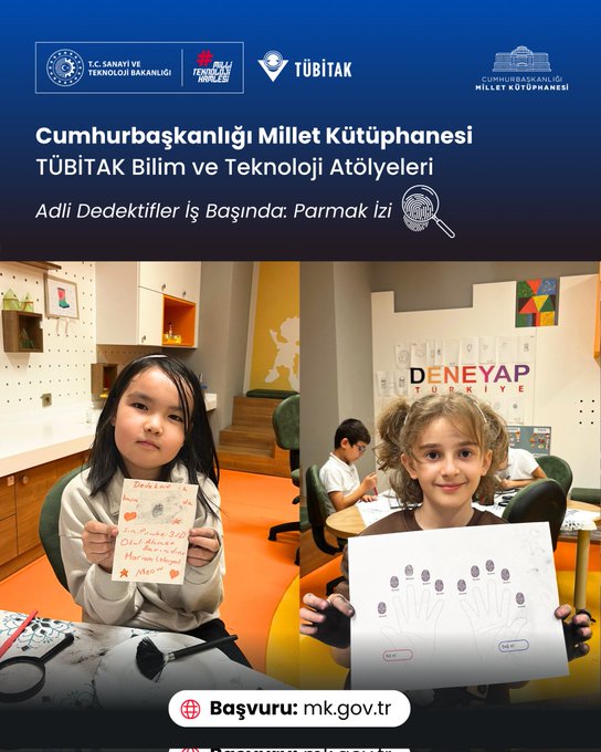 Multiple images show a brightly lit classroom with yellow and orange walls and modern lab tables where children aged around 8-12 engage in a forensic science activity. In the first image, a group of boys and girls in casual clothes sit around tables covered with white cloths, examining materials with tools and books, with shelves and educational posters in the background including a DENEYAP logo. The second image features close-ups of children using magnifying glasses to inspect fingerprint impressions on paper and plates, one boy in a red shirt holding a brush over a dish. The third image captures boys in blue shirts drawing or writing on white papers with brushes, seated at tables with scientific equipment. The fourth image depicts girls in colorful outfits holding papers with printed fingerprints and examining them closely near orange shelves and lab setups. All images include overlaid text in Turkish about the TÜBİTAK workshop on fingerprints for young detectives at the Cumhurbaşkanlığı Millet Kütüphanesi, with logos from various institutions and a Basguru.mk.gov.tr watermark at the bottom.
