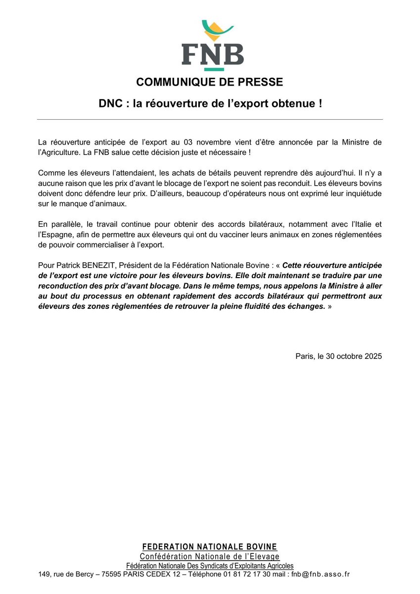 🚨 #DNC : la réouverture de l’export obtenue !
@Eleveursbovins salue une victoire pour les éleveurs 🐂
 👉 Les achats peuvent reprendre et les prix d’avant blocage doivent être reconduits.
Prochaine étape : accords bilatéraux 🇪🇺 pour les zones réglementées.
#Elevage #Agriculture