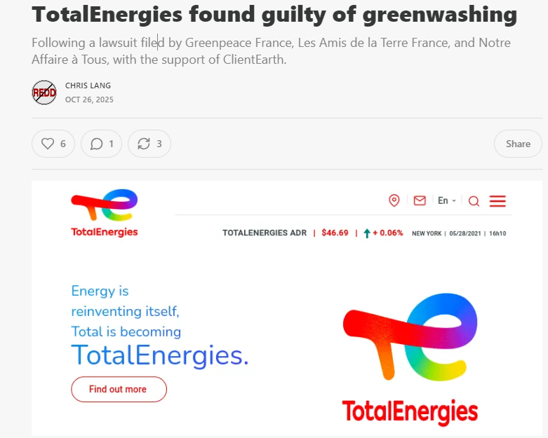 🚨GUILTY!: TotalEnergies has been legally convicted of greenwashing.
A French court ruled their "net zero" ads were misleading. Their claims are a smokescreen for a business model built on fossil fuels.
TotalEnergies is actively fueling the climate crisis as they promote fossil