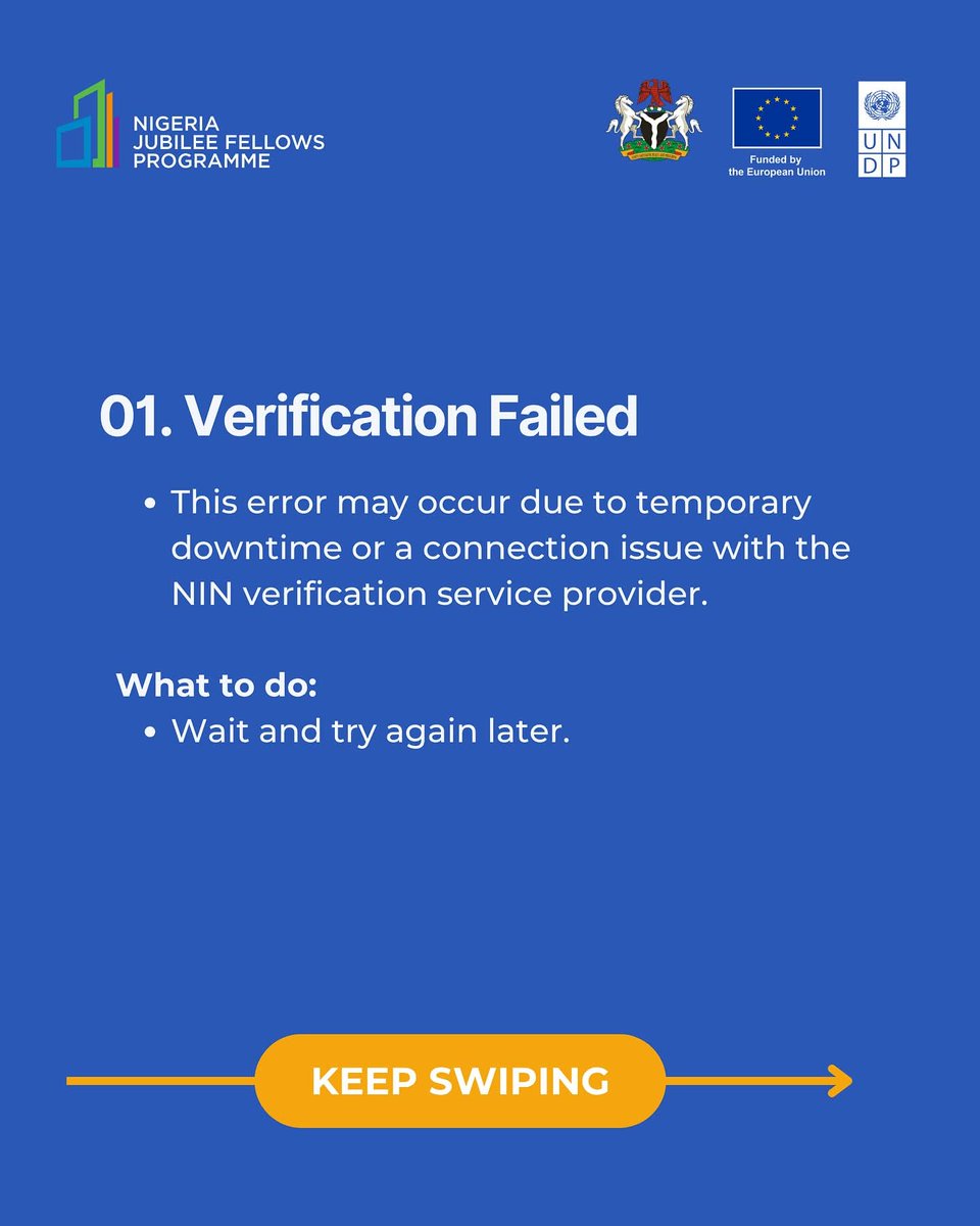 tohire_ng's tweet photo. Common Errors to Avoid When Applying for NJFP 2.0

Here’s what common messages mean:
1. “Verification Failed” – Caused by temporary NIN verification issues from the service provider. Wait and try again later.

2. “NIN Mismatch / Invalid” – Check that your name and NIN match exactly.

3. “Not Eligible” – You may be over 30, graduated before 2022, or already part of NJFP.

Need to fix a mistake? 
Use the NJFP Self-Service Portal to update your info: https://t.co/aHAHfL6TNM

You only get one chance to make corrections. Use it wisely.

#NJFP #NJFP2_0 #ProudlyJubilee #JubileeFellows