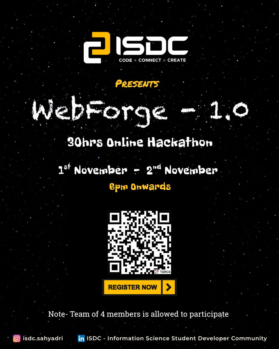 isdcsahyadri's tweet image. 💻 Ready to forge the web of tomorrow?
Join WebForge 1.0, a 30-hour online hackathon!

🗓️ Nov 1–2 | ⏰ 6 PM onwards
📲 Register by scanning the QR code!

#WebForge #Hackathon #ISDC #CodeConnectCreate