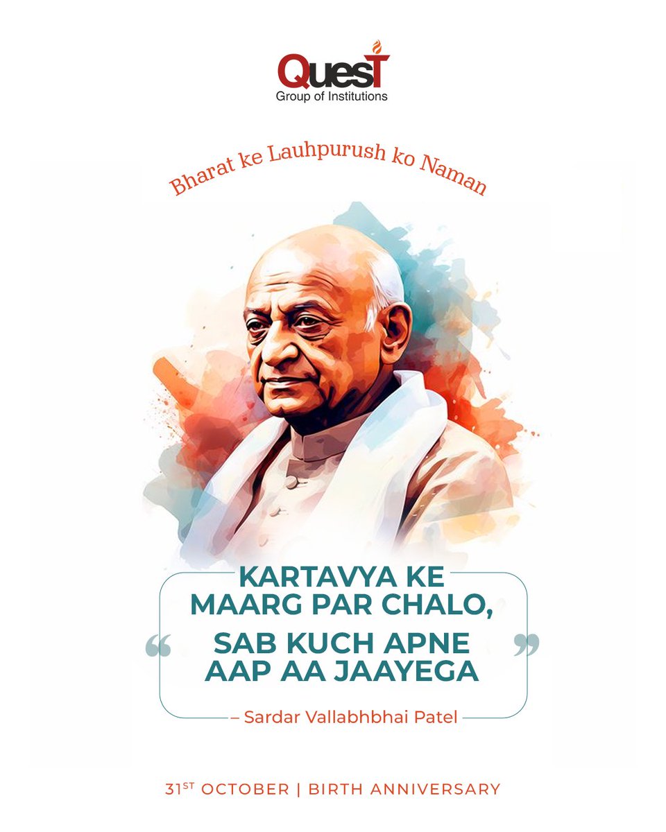 Today, we pay tribute to Sardar Vallabhbhai Patel, the architect of a united India and a true symbol of strength &amp; integrity. 🇮🇳
Let’s honor his legacy by working for unity, progress,
and harmony.
#SardarPatel #IronManOfIndia #NationalUnityDay
#QuestChandigarh  #UnityInDiversity