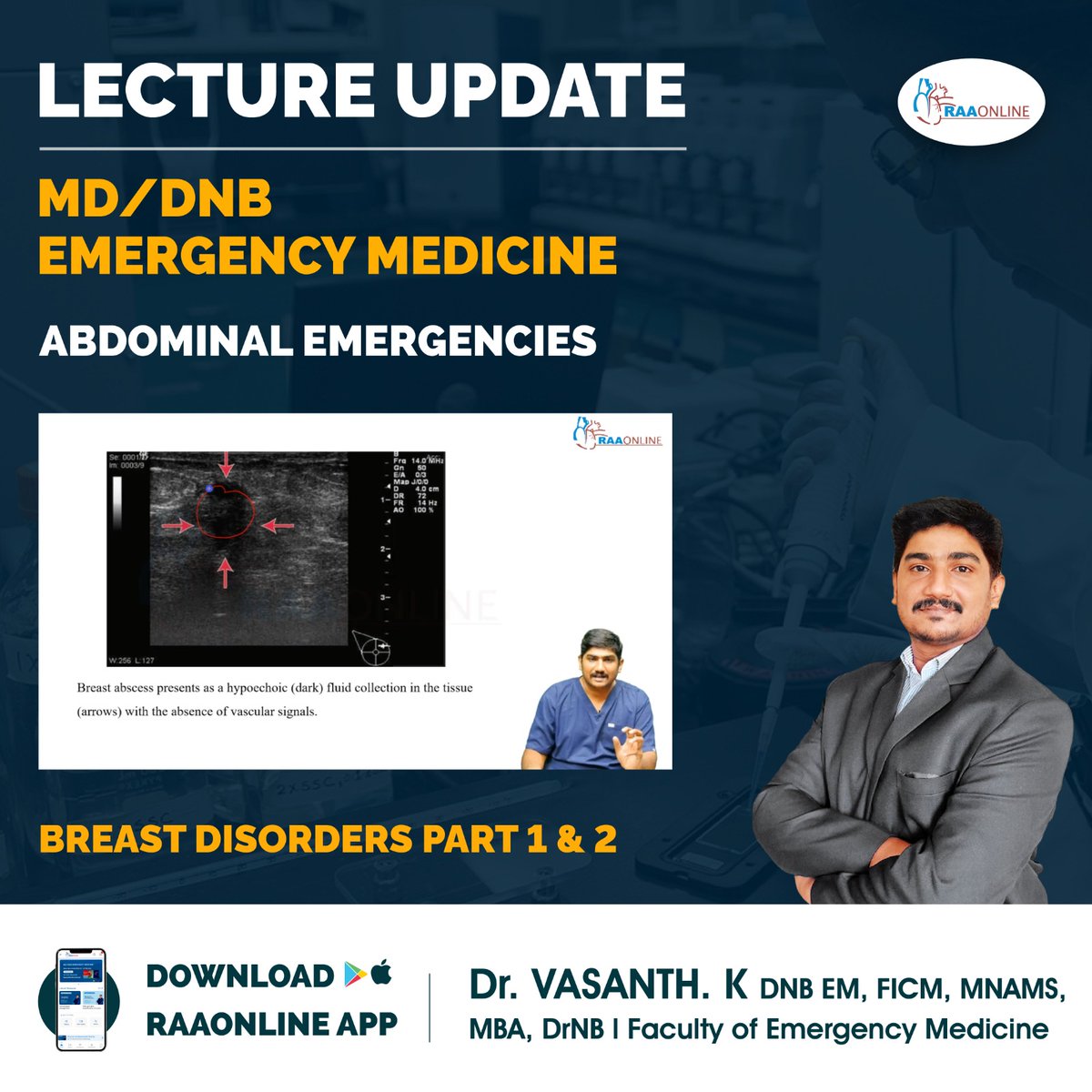 Raaonline's tweet image. Lecture Update in Emergency Medicine - Breast Disorders Part 1 &amp;amp; 2 by Dr. Vasanth. K on the RAAONLINE App.
Android: play.google.com/store/apps/det… 
IOS: apps.apple.com/in/app/raaonli…
Contact: +91-9994994266
#freelecture #generalmedicine #emergencymedicine #medicine #breastdisorders