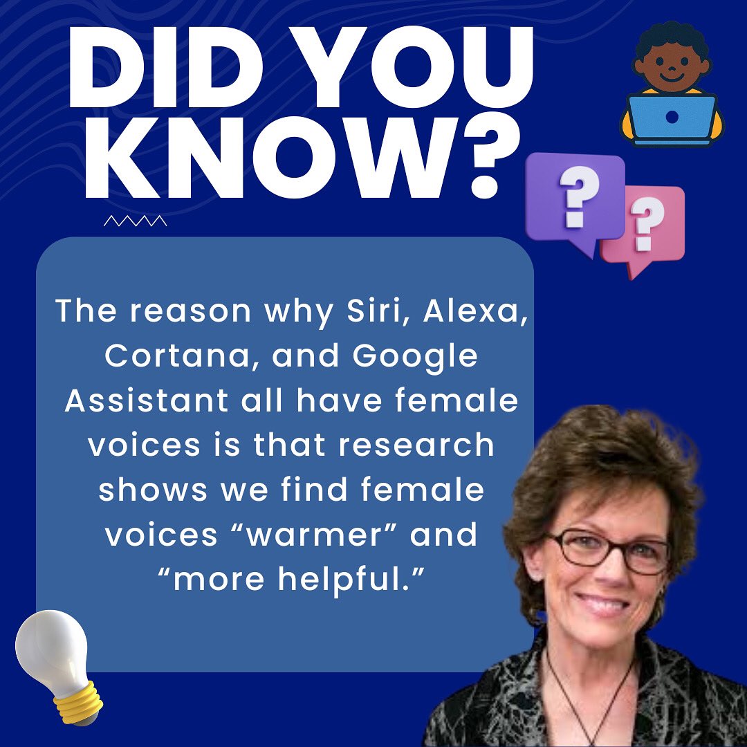 Tech4AllKids's tweet image. Your phone&apos;s assistant is probably a woman. Ever wonder why?
Siri. Alexa. Cortana. Google Assistant—all female by design.
The reason? Research shows we find female voices &quot;warmer&quot; and &quot;more helpful.&quot; So tech companies made AI female to make us comfortable asking for help.