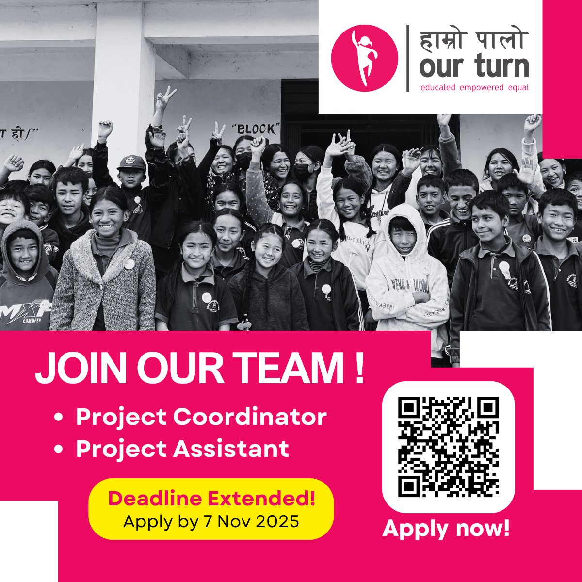 𝙒𝙚’𝙧𝙚 𝙃𝙞𝙧𝙞𝙣𝙜!
Hamro Palo invites dedicated and passionate individuals to join our team in the positions of 𝗣𝗿𝗼𝗷𝗲𝗰𝘁 𝗖𝗼𝗼𝗿𝗱𝗶𝗻𝗮𝘁𝗼𝗿 and 𝗣𝗿𝗼𝗷𝗲𝗰𝘁 𝗔𝘀𝘀𝗶𝘀𝘁𝗮𝗻𝘁.

If you are committed to advancing the leadership, empowerment, and well-being of