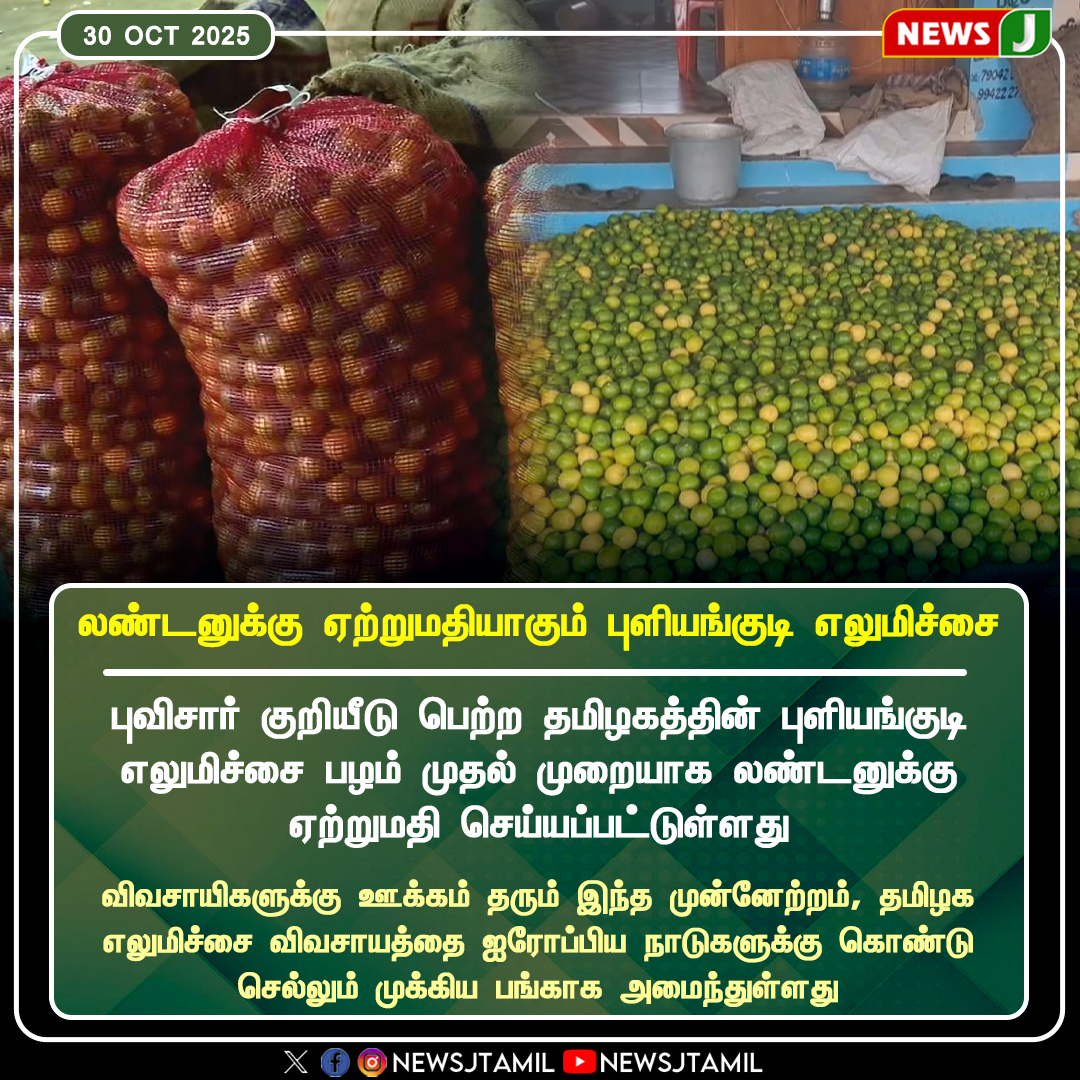 NewsJTamil's tweet photo. #NewsUpdate || லண்டனுக்கு ஏற்றுமதியாகும் புளியங்குடி எலுமிச்சை
#PuliyangudiLemon | #GITagProduct | #ExportSuccess | #LondonMarket | #TamilNaduAgriculture | #FarmersPride | #LemonExport | #EuropeanMarket | #MakeInIndia | #TamilNaduNews | #newsj https://t.co/dPk8AUroBM