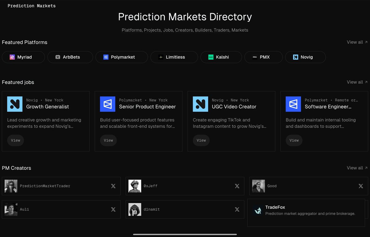 Baheet_'s tweet image. prediction markets directory 
where you can discover and connect with the top traders, builders and creators in the prediction markets ecosystem.
you can also find recent job opportunities and emerging startups here.