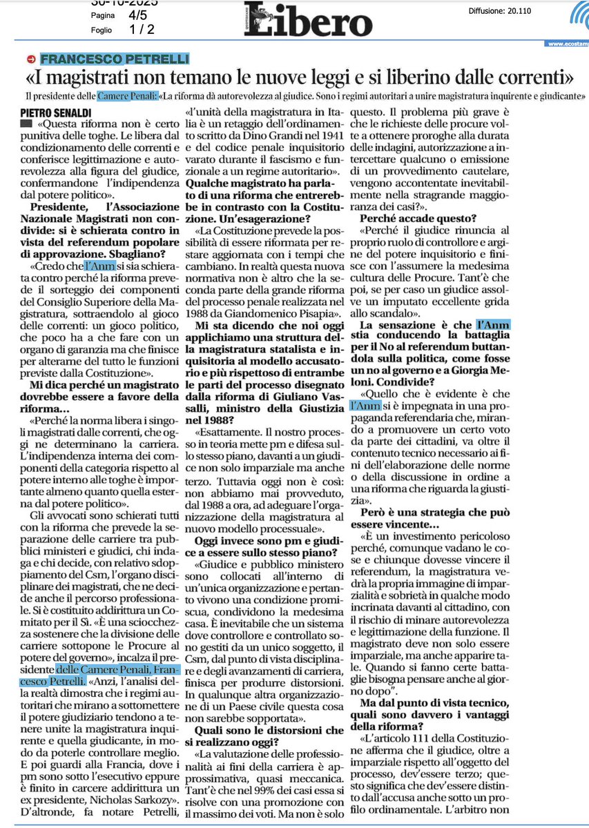 FrPetrelli's tweet photo. I magistrati non temano le nuove leggi e si liberino dalle correnti. La riforma dà autorevolezza al giudice. Sono i regimi autoritari a unire magistratura inquirente e giudicante.
La mia intervista per Libero https://t.co/Yrf3R32YYN