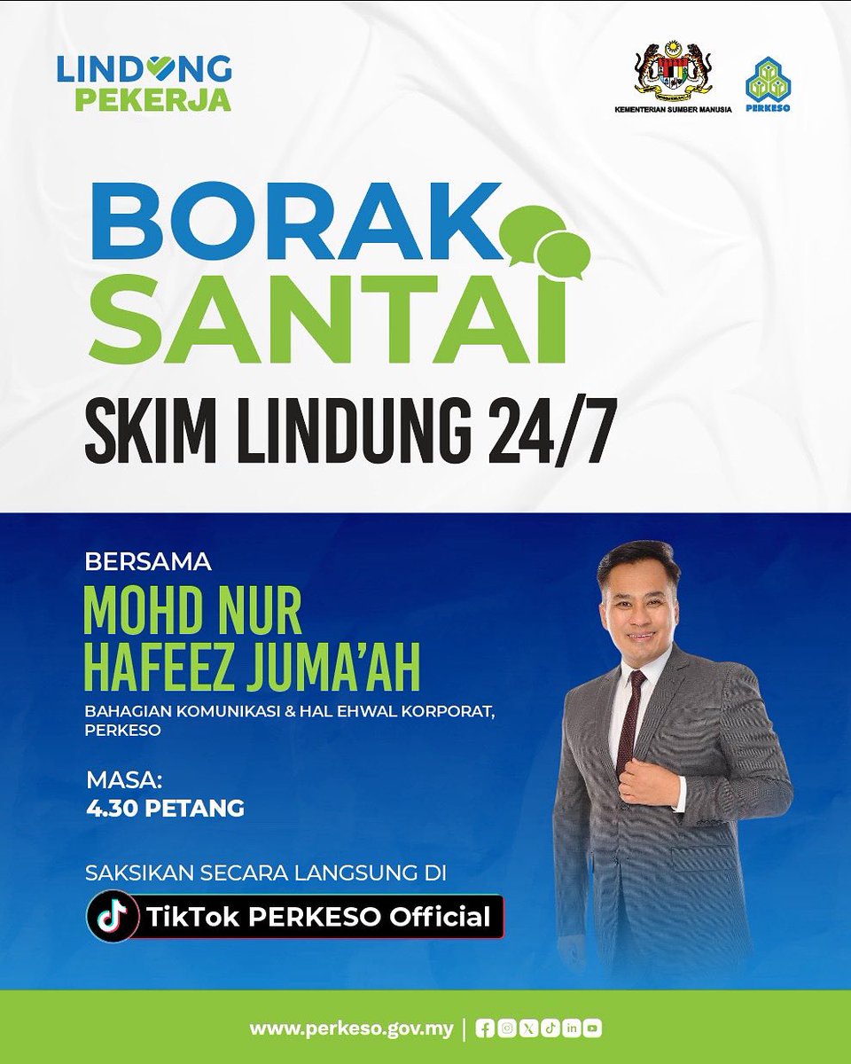 💬 BORAK SANTAI: SKIM KESELAMATAN BUKAN BENCANA KERJA (SKBBK) - LINDUNG 24/7

Mesti anda semua tertanya-tanya apa tu perlindungan 24jam yang di hebahkan oleh PERKESO? Tunggu apa lagi!

Jom sertai sesi santai bersama Mohd Nur Hafeez Juma’ah dari Bahagian Komunikasi &amp; Hal Ehwal