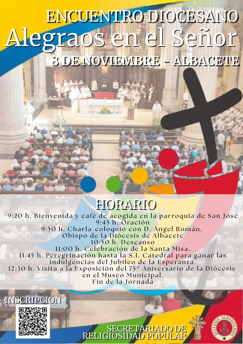 📅 Sábado 8 de noviembre | 9:20 h.
📍 Parroquia de S. José 

Llega el Encuentro Diocesano de Religiosidad Popular bajo el lema “Alegraos en el Señor”.

Una mañana de convivencia con nuestro Obispo, D. Ángel Román, para sentirnos Iglesia unida y remar todos hacia el mismo lado. ⛪