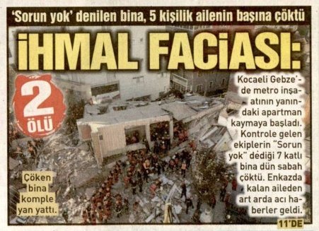 Front page of Daily Sabah newspaper with bold headline Israel kills 104 Gaza then vows cease-fire in multiple lines, subheadlines on global channel immigrant and other news items, photo of collapsed building rubble with debris and damaged structure in Istanbul Konak district where two died in apartment incident, additional text on casualties and family affected, layout includes columns with articles on Trump meeting and fuel explosion.