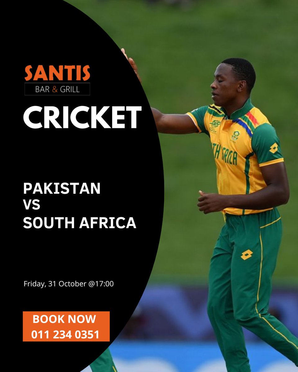SantisBarGrill's tweet image. 🏏🇵🇰 Pakistan vs South Africa 🇿🇦
Friday 31 Oct @ 17:00 — Another big match-up! Watch live cricket action with friends at Santis 📺🏏 and enjoy snacks 🍟, meals 🍔, and cold beers 🍺!
📍Bookings essential – call 📞 011 234 0351
 #SantisBarAndGrill #webchanges #santiswebchanges