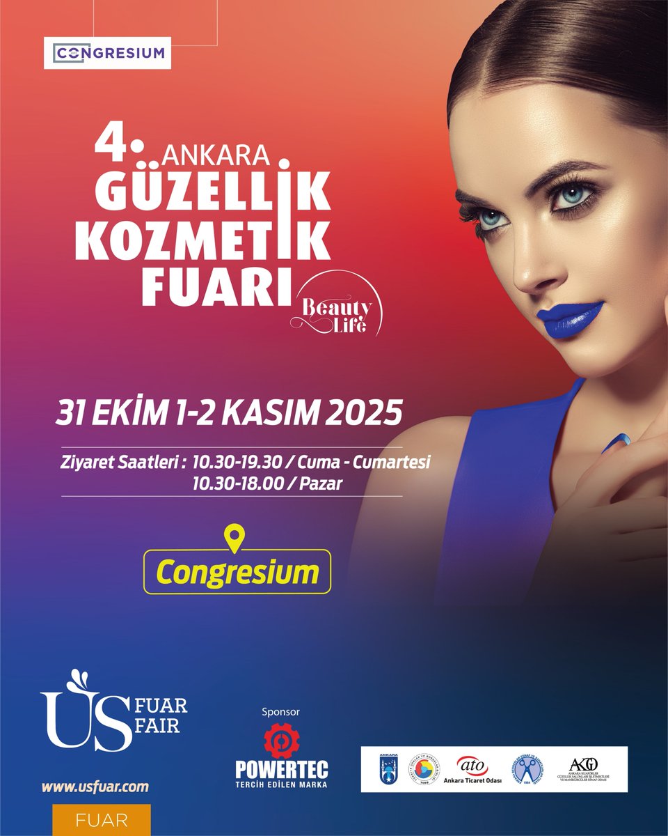 congresiumato's tweet photo. 💼 4. Ankara Güzellik &amp; Kozmetik Fuarı Başlıyor! 💄✨

Güzellik ve kozmetik sektörünün profesyonellerini buluşturan 4. Ankara Güzellik &amp; Kozmetik Fuarı,
31 Ekim – 2 Kasım 2025 tarihleri arasında ATO Congresium’da ziyaretçilerini ağırlıyor. 🗓️📍

#BeautyLife #KozmetikFuarı https://t.co/kwO7q51gIq
