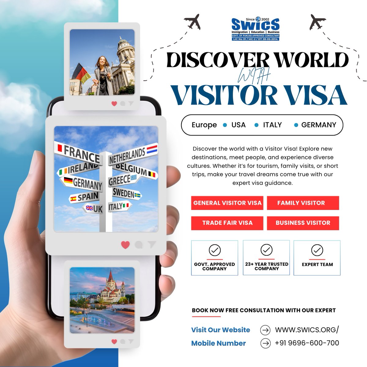 SWICSINDIA's tweet photo. 🌍 Get Your Visitor Visa Today!
Travel the world hassle-free with expert visa assistance.
✈️ Fast Processing | Easy Documentation | 100% Guidance
Your dream destination is just one step away!
👉 Apply Now &amp; Start Your Travel Journey!
#VisitorVisa #TravelAbroad #VisaExperts https://t.co/rWe9FDSccn