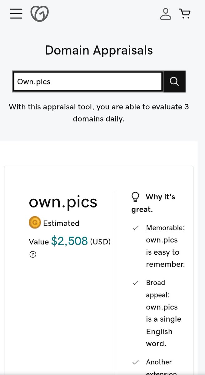 Godaddy appraisal for own.pics  - $2508