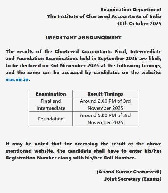 Official Notification Out!!! CA Sept 2025 Results likely to be declared on 3rd Nov 2025. #ICAI