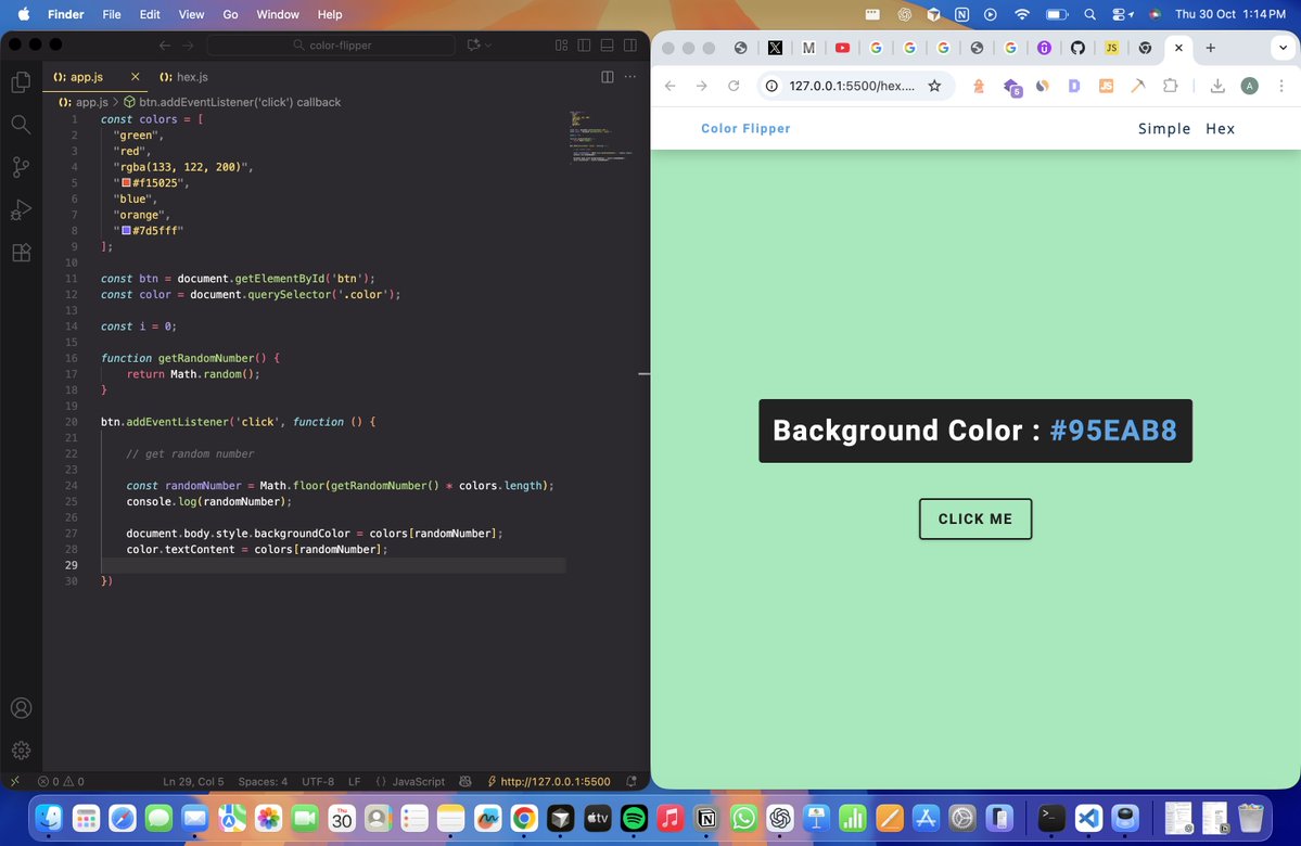 AshGodson's tweet image. Built my first project from John Smilga’s course — a Random Color Generator 🎨
It has two modes:
Simple Mode: picks from a list of hardcoded colors
Hex Mode: generates infinite random hex colors on click
#JavaScript #100DaysOfCode