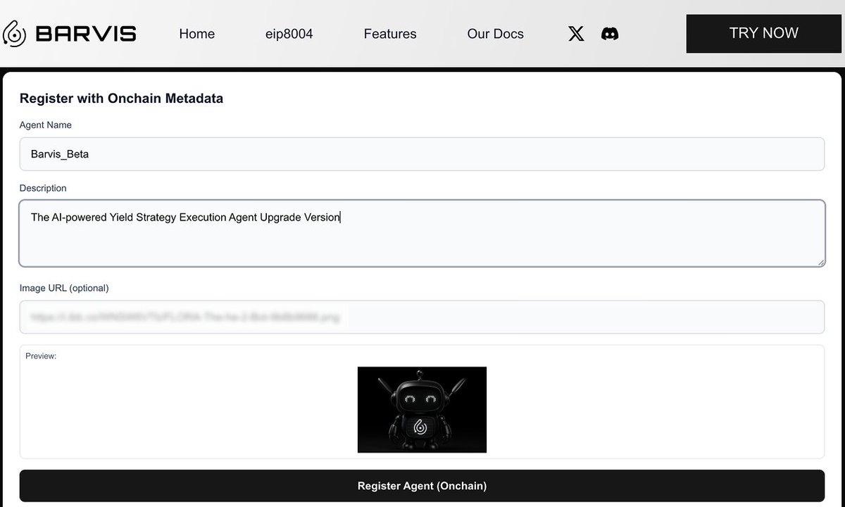 Barvis_io's tweet photo. 🤖 Have you tried the self-creating agent feature yet?
⚪️ Barvis has created an upgraded version!
What will be updated❔
#Barvis #ERC8004 #AIAgents #x402 https://t.co/TnO2EhbPpO