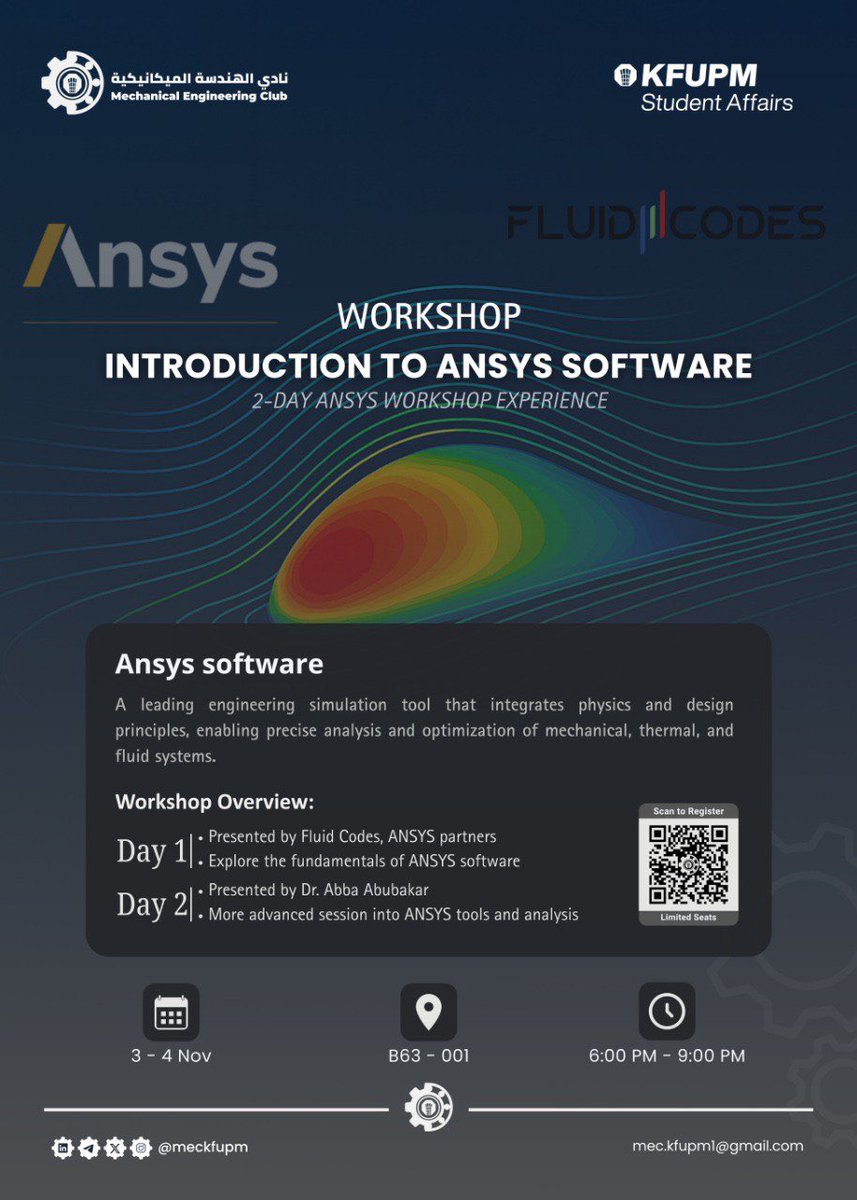MECKFUPM's tweet photo. 🔵 يُعلن نادي #الهندسة_الميكانيكية عن إقامة دورة قصيرة لبرنامج “#Ansys” 🔥

🔹 ودك تتعلم على واحد من أقوى برامج محاكاة التصاميم واختيار المواد واختبارها؟ بادر بالتسجيل في هذه الدورة🚀

🔹 يوجد شهادات بعد إكمال الدورة🤩

للتسجيل:
https://t.co/75GizZhzfP https://t.co/TUBY2UIpGg