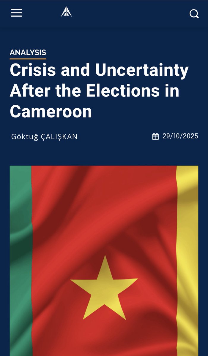 goktugcaliskan1's tweet photo. 📌 Elections in Cameroon sent the country into a spiral of crisis and uncertainty.
New analysis uncovering elite divides, voter apathy and structural woes — live now at ANKASAM:
🔗 https://t.co/G7hHFItgUs
#Cameroon #AfricaPolitics #Elections #ANKASAM #GöktuğÇalışkan https://t.co/66M3QIgFhx