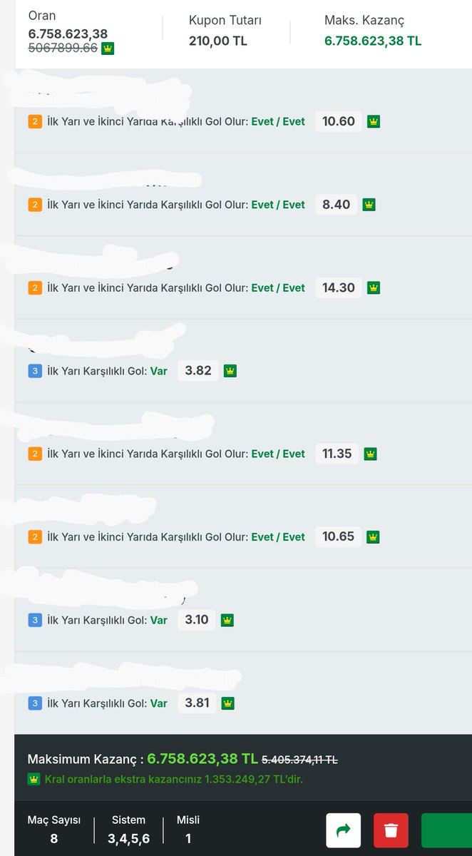Bu 8 maça dikkatle bakın! Beğeni, paylaşım ve yorum yapınca kupon otomatik açılıyor. İnanmıyorsan dene ve 18.30' u bekle..⏳⏳⏳
8 maç ⚽
Sistem 2,3,4,5,6🚀🚀
Kupon tutarı:  210 TL😁🧐
var bir hayalimiz 
Hepsi bu gün....💰💰
Ayda bir yakalarım ama tam yakakarım.💰💰💰