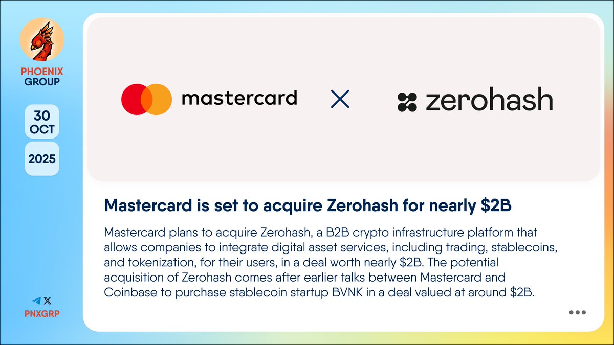 💰 @Mastercard is set to acquire @ZerohashX for nearly $2B #Mastercard  plans to acquire #Zerohash, a B2B crypto infrastructure platform that  allows companies to integrate digital asset services, including trading,  stablecoins, and