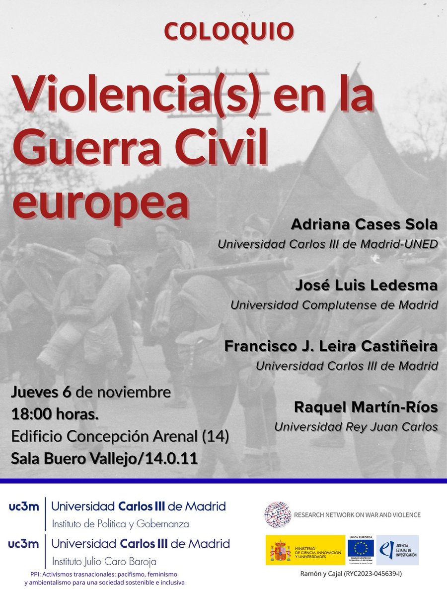 Con motivo de la publicación de Violence and Propaganda in European Civil Wars (<a href="/routledgebooks/">Routledge Books</a>) y Patterns of Violence Behind the Lines in Europe’s Civil Wars (<a href="/Palgrave/">Palgrave Macmillan</a> ). Organizamos este coloquio: Día 6 a las 18h. <a href="/uc3m/">UC3M</a> Facultad de Humanidades, Getafe. Sala Buero Vallejo.
