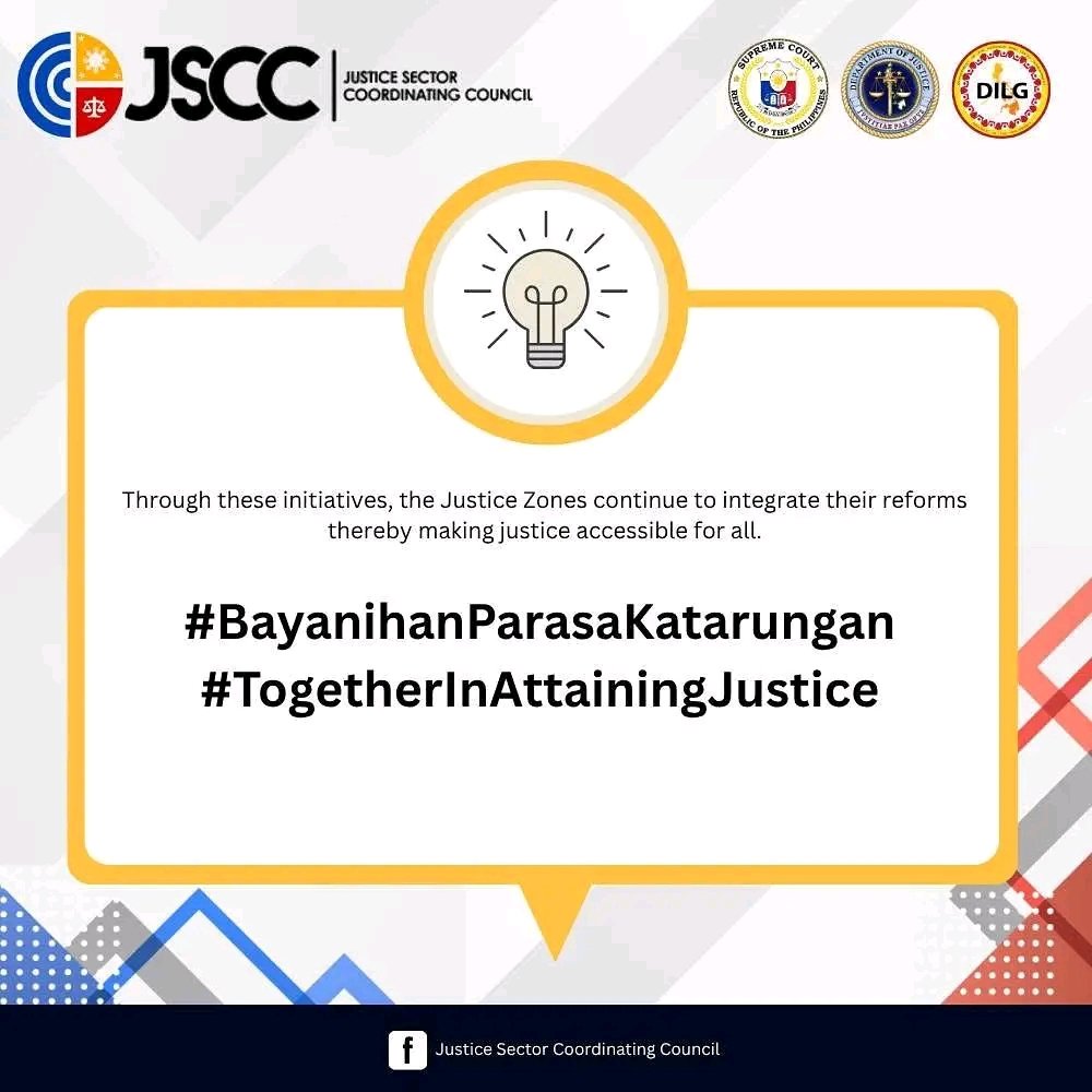𝗝𝘂𝘀𝘁𝗶𝗰𝗲 𝗦𝗲𝗰𝘁𝗼𝗿 𝗖𝗼𝗼𝗿𝗱𝗶𝗻𝗮𝘁𝗶𝗻𝗴 𝗖𝗼𝘂𝗻𝗰𝗶𝗹
“When justice zones are brought closer, homes become safer.”

Through these efforts, the Justice Zones are driving reforms that bring justice closer to the people.
 
#BayanihanParasaKatarungan