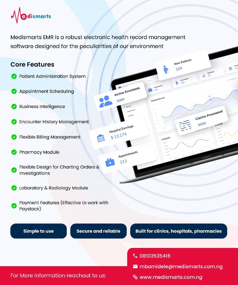 Healthcare, simplified. 😃😃

With Medismarts EMR, hospitals and clinics can manage patient records, billing, claims, labs, and appointments, all in one secure, reliable system built for the realities of healthcare in Nigeria.

#medismarts #health #healthcare #digitalhealth #tech