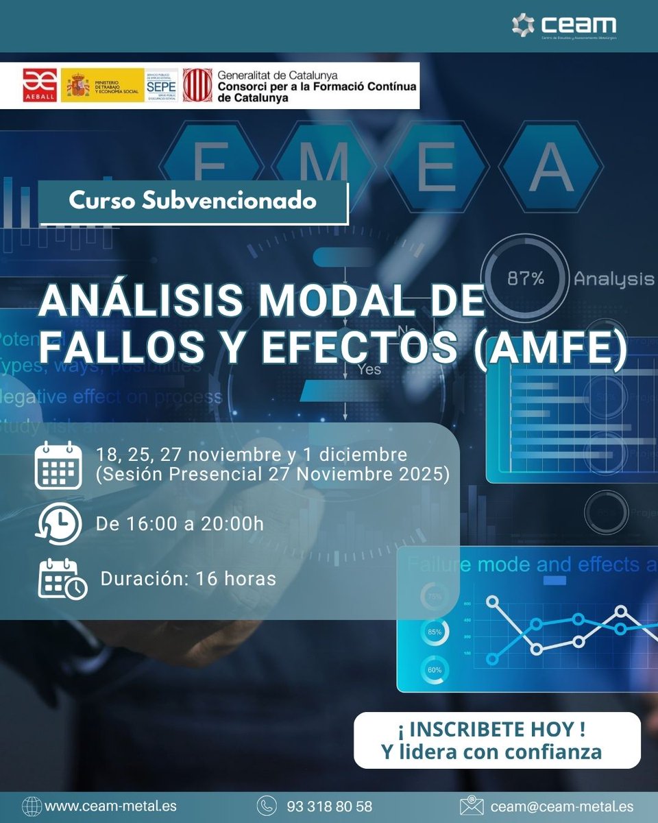 Curso 100% subvencionado: AMFE – Análisis Modal de Fallos y Efectos
📅 Aula Virtual | 16 h
🛠️ Aprende a prevenir fallos, evaluar riesgos y optimizar procesos productivos.

Más info:zurl.co/zkSGy    

#AMFE #CalidadIndustrial #GestiónDeRiesgos #Industria40 #Formació
