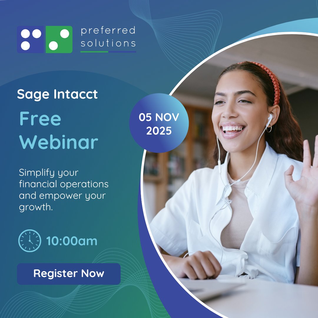 prefsolutions's tweet image. Join our FREE webinar to explore how Sage Intacct automates tasks, boosts visibility, and scales with ease. Ideal for finance-heavy industries. Date: 5 November 2025 | Time: 10h00. Register: zurl.co/Jtn6b #PreferredSolutions #SageIntacct #Webinar