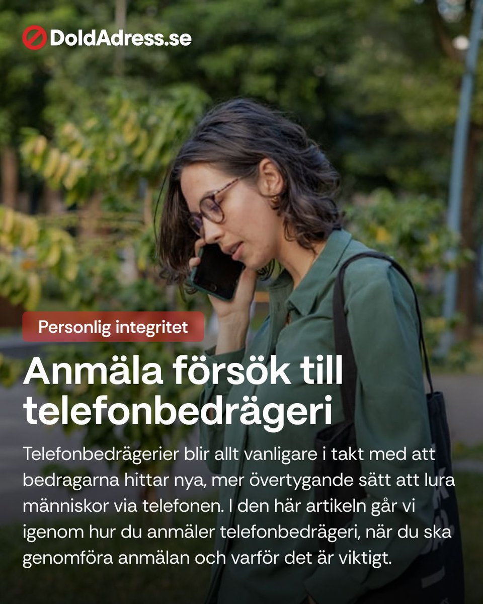 DoldAdress's tweet photo. Telefonbedrägerier ökar – och bedragarna blir allt mer övertygande. De utger sig för att vara från banken, Polisen eller Skatteverket för att lura dig att lämna ut känslig information. Genom att agera snabbt och anmäla försök till bedrägeri kan du skydda både dig själv och andra. Här förklarar vi hur och när du ska anmäla – och varför det är så viktigt.