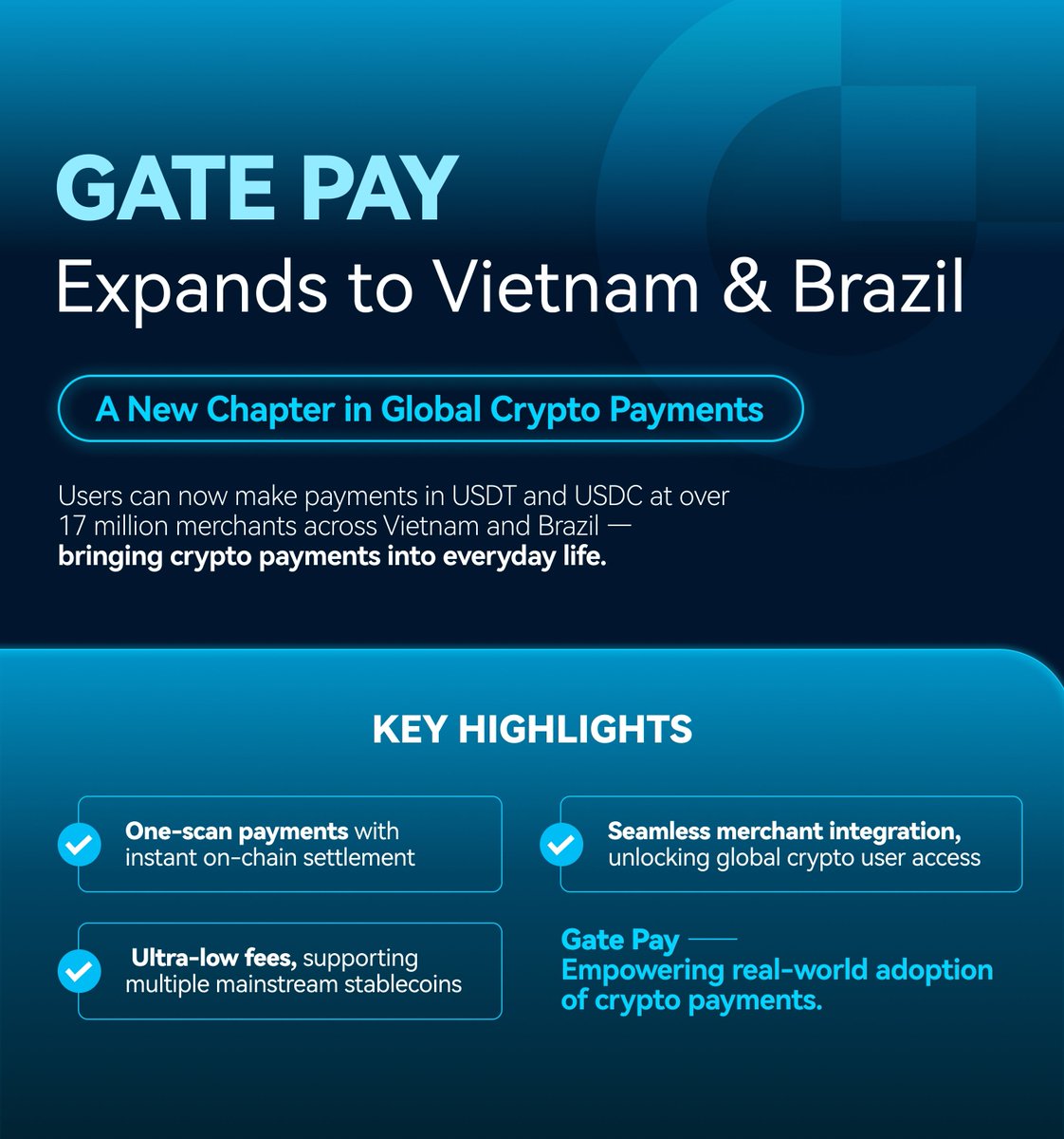 CapCapital68's tweet photo. 🚀 #GatePay Unlocks the Future of Crypto Payments!
💎 @Gate Pay has officially upgraded its Trading + Web3 + Payments ecosystem — integrating 4 key modules: Bills, Transfers, Gate Card, and Marketplace. This marks a major leap toward bringing crypto payments into everyday life.
🌍 The first batch of National Code is live, covering VietQR (Vietnam) and Pix (Brazil) — connecting 170M+ users and 20M+ merchants globally!
⚡️ With support for 50+ cryptocurrencies and multi-chain instant settlements, users can now enjoy seamless cross-border payments with just one QR scan.
🏢 For businesses, Gate Pay delivers a one-stop crypto payment solution — enabling batch payments and multi-currency settlements with enterprise-grade convenience.
🛡 Backed by industry-leading KYT risk control and multi-layer encryption, all transactions are transparent, secure, and traceable.
Register now: https://t.co/ZBdfrxHOqd